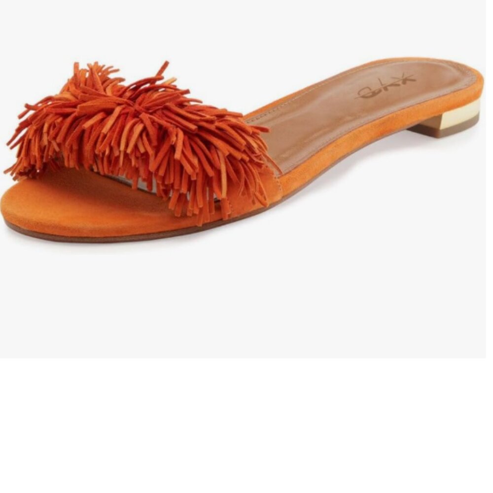 XYD Orange Fringe Slide Sandals Slip On Comfortable Slippers Solid Women Loafer